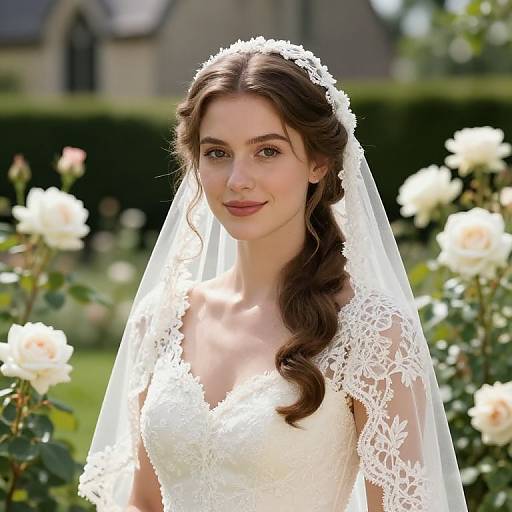 Photograph of a beautiful young woman with fair skin, brown hair in a braid, wearing a white lace wedding dress and veil, standing in a