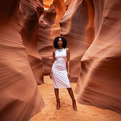Photograph of a Black woman with curly hair in a white dress and brown boots, standing in a narrow, red-orange sandstone canyon with smooth,