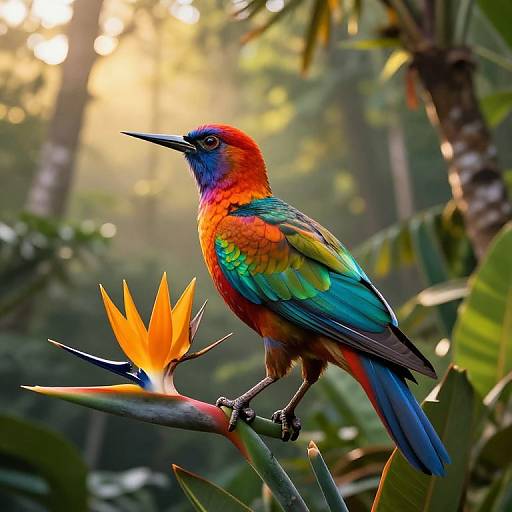 Photograph of a vibrant male Quetzal bird with colorful plumage perched on a bright orange heliconia flower in a lush, sunlit