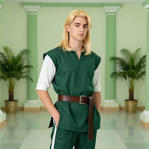 Digital artwork of a blonde, fair-skinned young man with long hair, wearing a green and white tunic with a brown belt, standing in a
