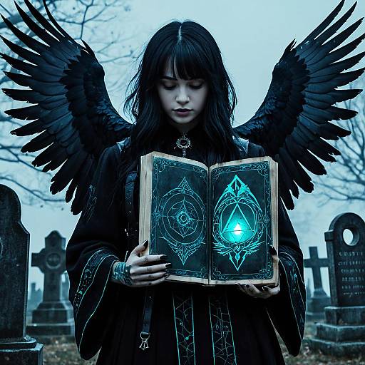 Gothic Woman with Black Wings Holding Ancient Grimoire