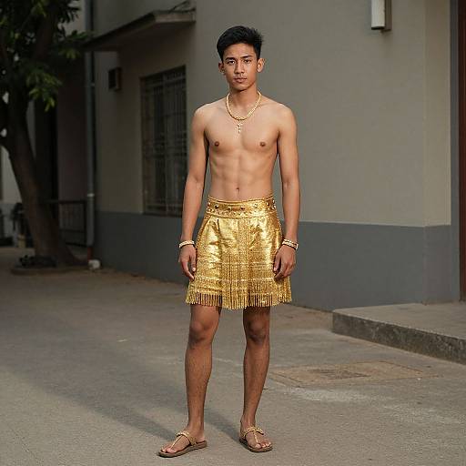 Photograph of a shirtless Asian man with short black hair, wearing a gold fringed skirt, sandals, and gold jewelry, standing on a street