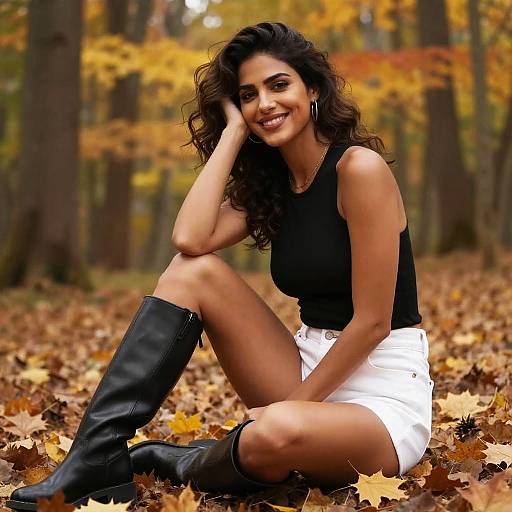 Photograph of a smiling, dark-haired woman with wavy hair, wearing a black sleeveless top, white shorts, and black knee-high boots,