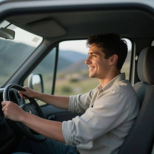 Photograph of a smiling, young Caucasian man with short dark hair, wearing a light gray shirt, driving a car on a sunny day with a mountain