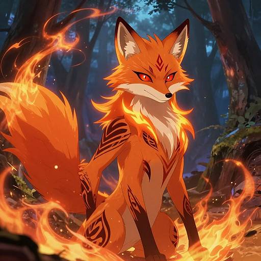 Digital illustration of a fiery orange fox with red eyes and black tribal markings, surrounded by flames, in a dark, mystical forest.