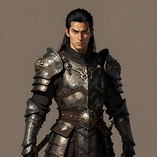 CGI image of a stern, dark-haired man in detailed, shiny black medieval armor with intricate shoulder plates and a sunburst belt buckle.