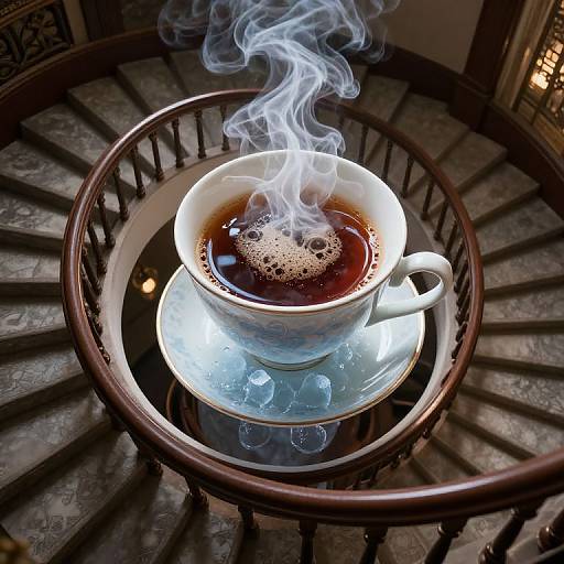 Photograph of a steaming cup of black tea on a glass saucer, placed on a spiral staircase with ornate iron railings.