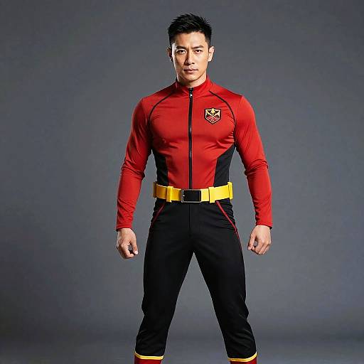 Photograph of a muscular Asian man in a red and black superhero costume with a yellow belt, standing confidently against a gray background.
