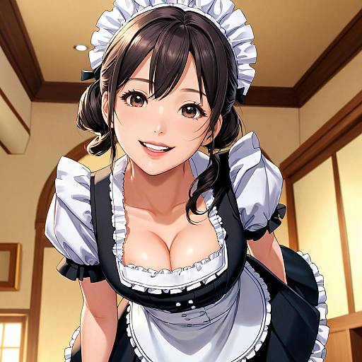 Anime-style digital drawing of a smiling, attractive young woman in a black and white maid outfit with frilled apron and headpiece, emphasizing her large