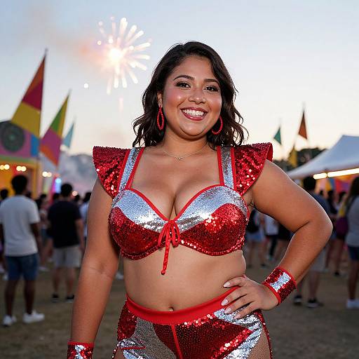 Photograph of a smiling Latina woman with medium skin tone, wearing a red and silver sequin bikini top and matching bottom, with red earrings and wrist