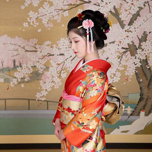 Digital art of a Japanese woman in a vibrant red and gold floral kimono, adorned with hairpins, standing by cherry blossom trees.