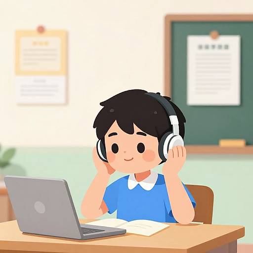 Digital illustration of a cute, black-haired child with light skin, wearing a blue shirt and white headphones, sitting at a desk with a laptop, smiling