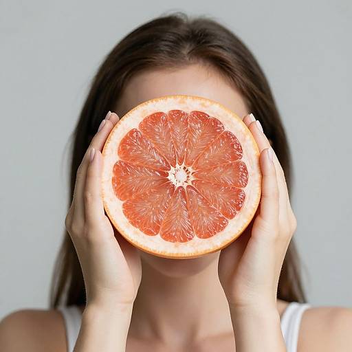 Photograph of a woman with long brown hair, holding a halved grapefruit in front of her face, revealing its vibrant pink-orange interior and white