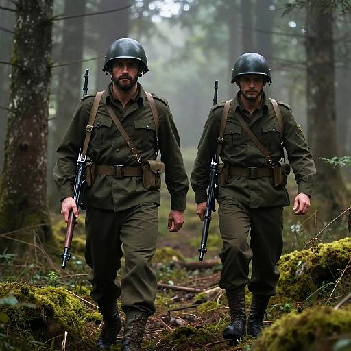 Photograph of two bearded, armed World War II soldiers in dark green uniforms and helmets, walking through a misty, moss-covered forest.