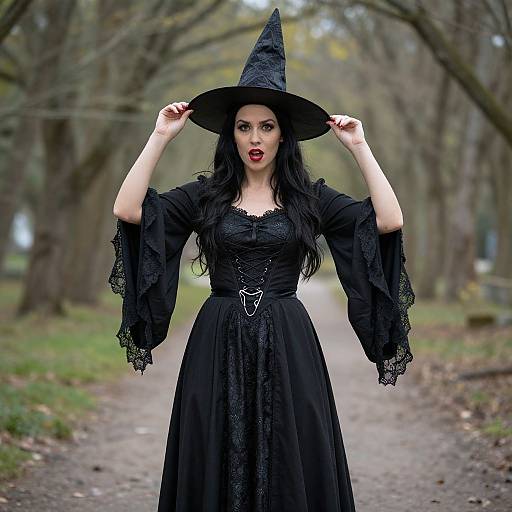 Photograph of a pale-skinned woman with long black hair, wearing a black witch hat, lace-trimmed black dress, and red lipstick,