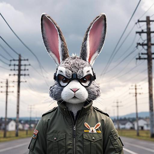 Stylish Rabbit in Military Jacket Outdoors