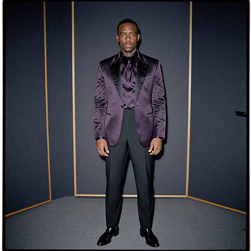 Confident Man in Ebony Satin Tuxedo