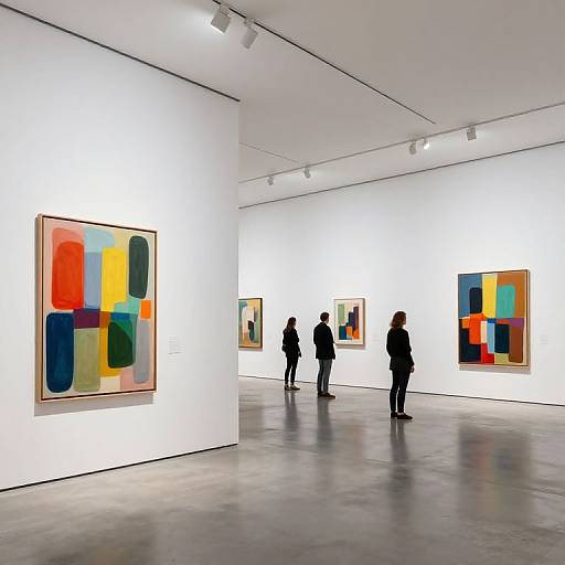 Photograph of a modern art gallery with four people viewing abstract paintings. Brightly colored, geometric paintings on white walls, concrete floor, overhead track lighting