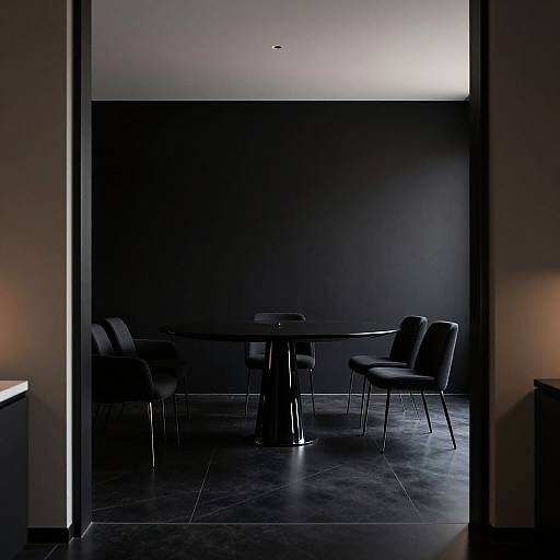 Photograph of a dimly lit, minimalist dining room with black walls, dark gray chairs, and a round table, viewed through a doorway.