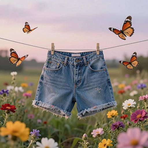 Photograph of blue denim shorts with frayed edges, clipped to a clothesline, surrounded by butterflies and colorful wildflowers in a meadow at sunset