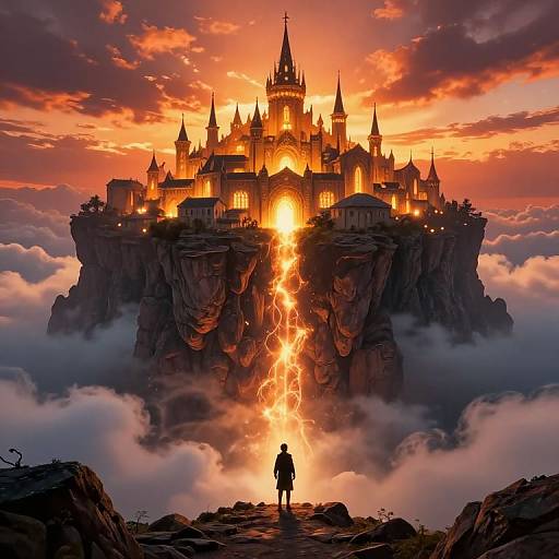 Digital fantasy artwork of a silhouetted figure standing before a glowing, sunlit, castle-perched-on-a-cliff with a fiery stream,