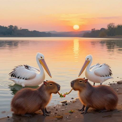 Pelicans Eating Capybaras at Sunset