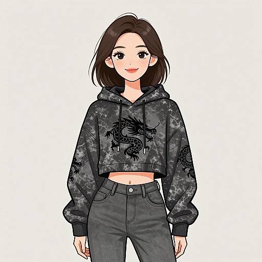 Digital anime-style drawing of a smiling young woman with medium-length brown hair, wearing a black camo hoodie with a dragon graphic, and dark jeans,