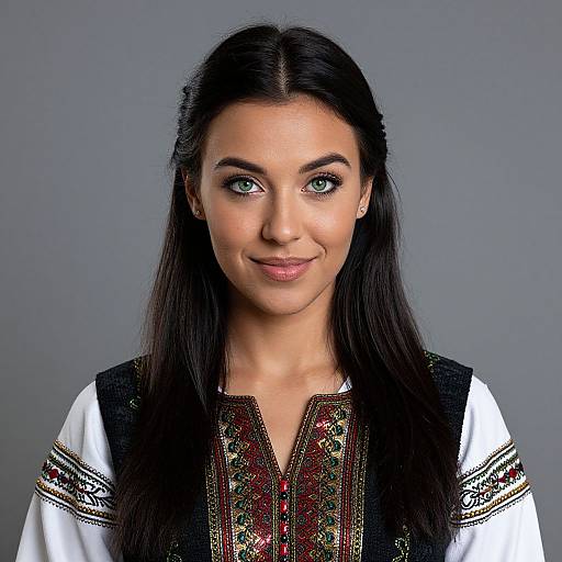Photograph of a young woman with long black hair, green eyes, and light skin, wearing a traditional embroidered white and black blouse against a gray background