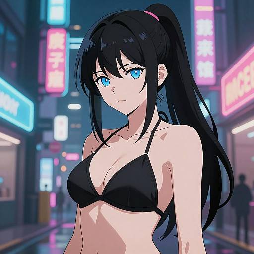 Anime Woman in Cyberpunk Neon City