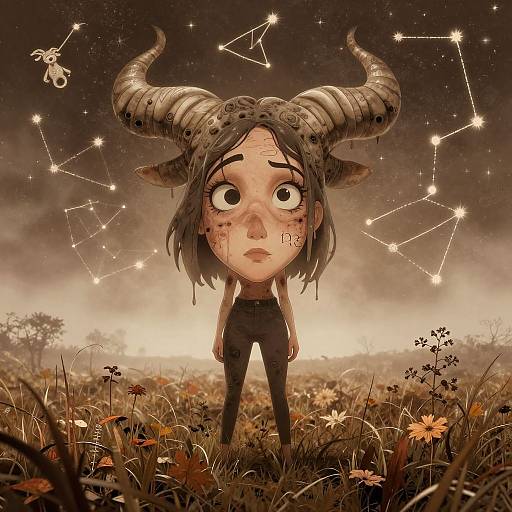 Digital artwork of a worried young girl with large, curved horns, standing in a grassy field under a starry night sky with constellations.