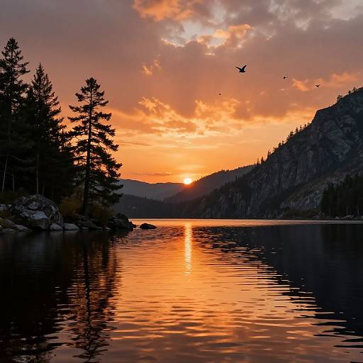 Serene Lakeside Sunset with Nature Elements