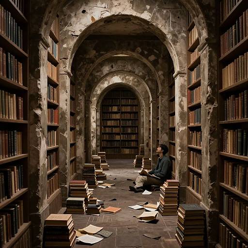 Photograph of a dimly lit, ancient library with arched stone walls, wooden shelves filled with books, and a solitary person sitting on the floor
