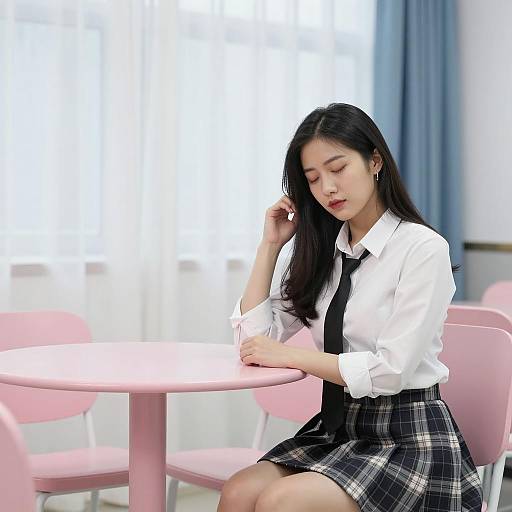 Asian Woman Resting at Pink Table