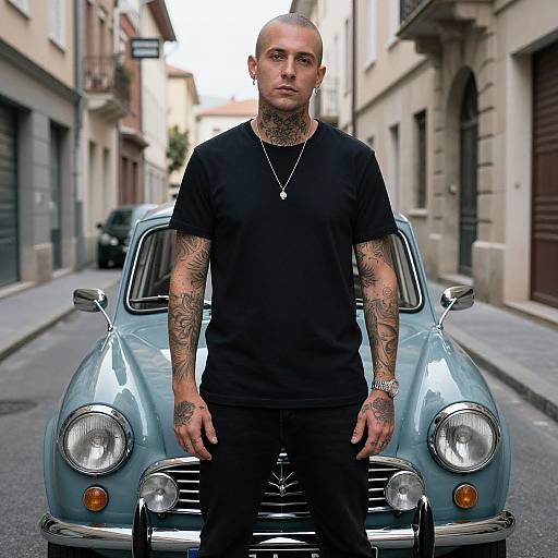 Edgy European Man by Vintage Car