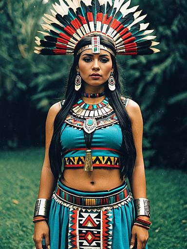 Photograph of a Native American woman with long black hair, wearing a colorful feather headdress, turquoise top and skirt, and intricate jewelry, standing in