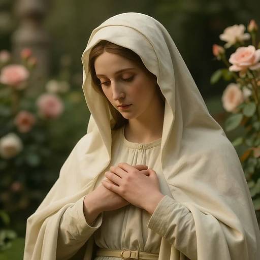 Photorealistic digital painting of a young woman with fair skin, brown hair, and closed eyes, wearing a white hooded cloak, softly touching her