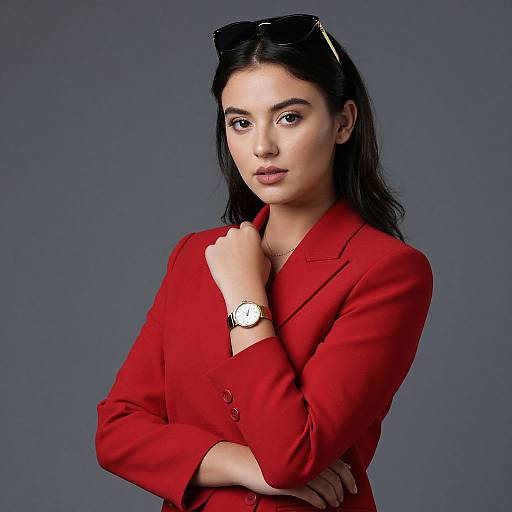 Photograph of a confident young woman with long black hair, wearing a red blazer, gold watch, and sunglasses on her head, against a gray
