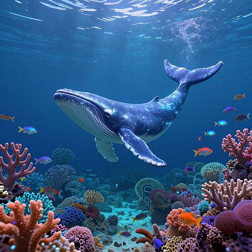 Photograph of a majestic blue whale gliding through a vibrant underwater coral reef, surrounded by colorful fish and diverse coral formations.