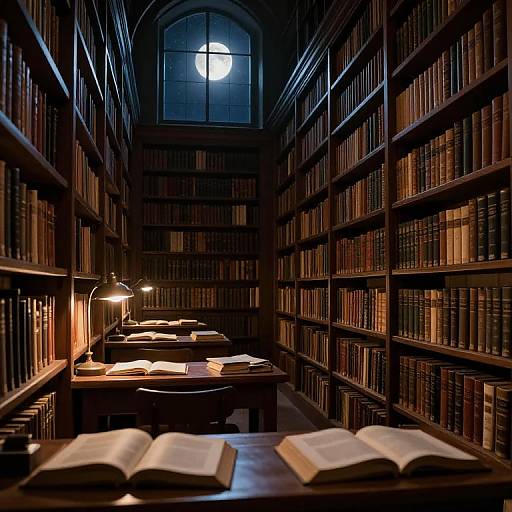 Photograph of a dimly lit, narrow library with tall wooden bookshelves filled with books, three reading desks with open books, and hanging lamps
