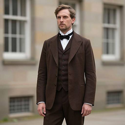 Photograph of a serious, brown-haired man in a dark brown Victorian-style suit with a white shirt and black bow tie, standing outdoors in front of
