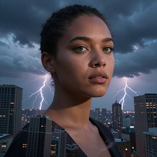 Photograph of a young Black woman with natural hair, green eyes, and glowing skin, standing in a cityscape at dusk, with lightning bolts illumin