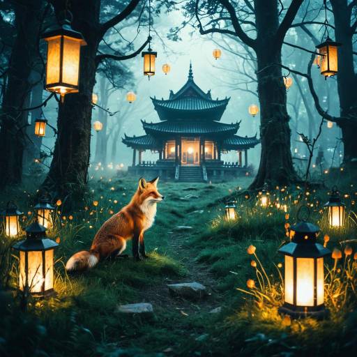 Fox in Lantern-Lit Mystical Forest Path