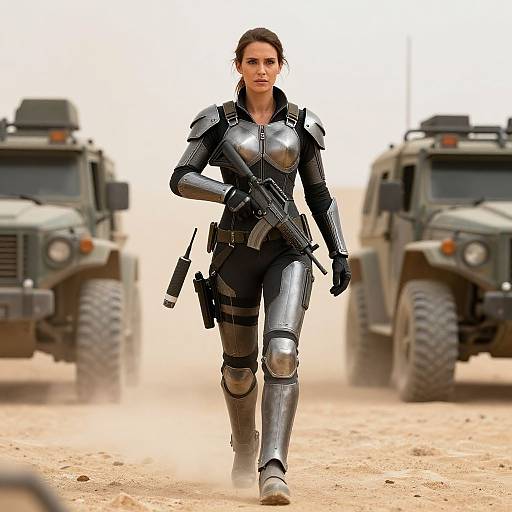 Photorealistic image of a determined woman in metallic armor, holding a rifle, walking between two armored vehicles in a sandy desert.