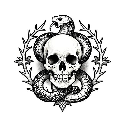 Symmetrical Serpent and Skull Neck Tattoo