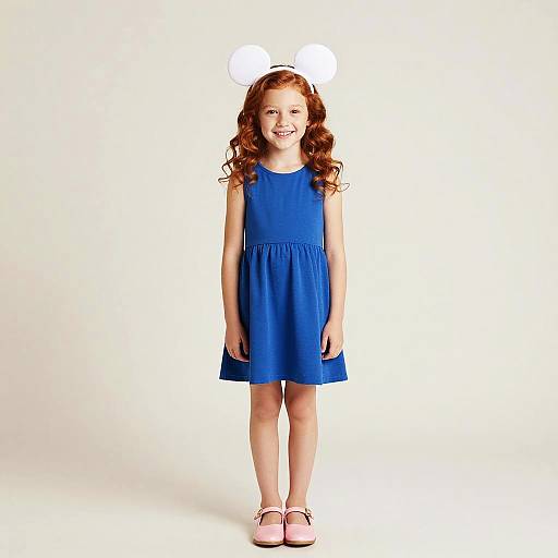 Photograph of a smiling young girl with curly red hair wearing a blue sleeveless dress, white bunny ears, and pink shoes, standing against a plain