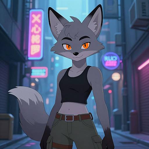 Digital illustration of a confident, anthropomorphic gray fox with orange eyes, wearing a black crop top and cargo pants, standing in a neon-lit,