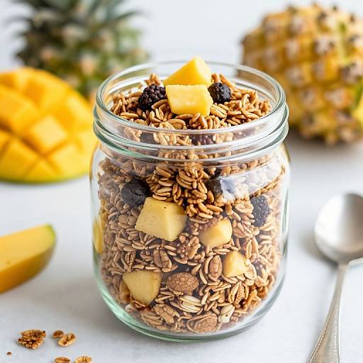 Photograph of a glass jar filled with oatmeal, raisins, and cubed mango, topped with a mango cube and black raisins, set