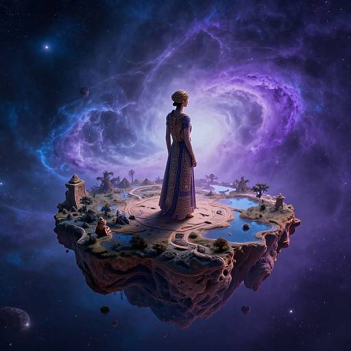 Digital artwork of a silhouetted figure in a long dress standing on a floating island with ancient ruins, surrounded by swirling purple and blue cosmic clouds