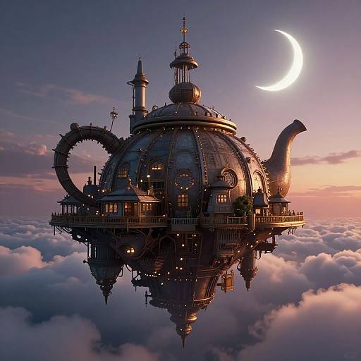 Steampunk airship floating among clouds at sunset, featuring a large dome, crescent moon, and intricate mechanical details, illuminated by warm golden lights