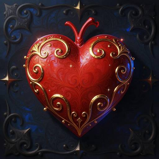Glossy red heart with gold swirls and sparkles on a dark, ornate blue background, featuring intricate patterns and stars. Digital art.